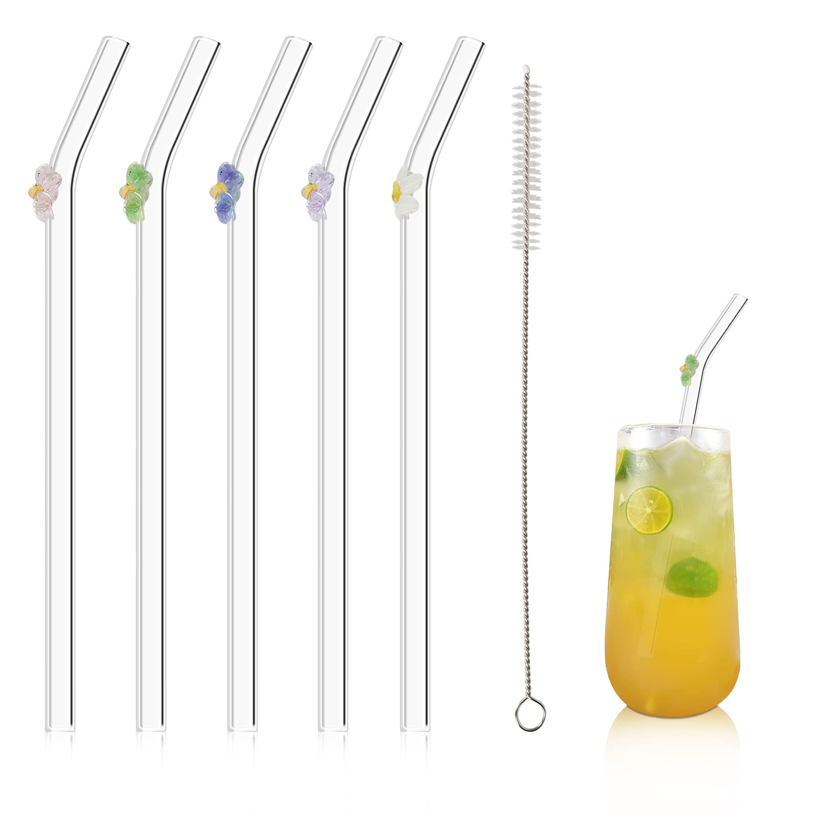 Reusable Straws Clear Glass Straws Colorful Butterfly Design Size 7.8" x 8mm with 1 Cleaning Brush 5 Pcs