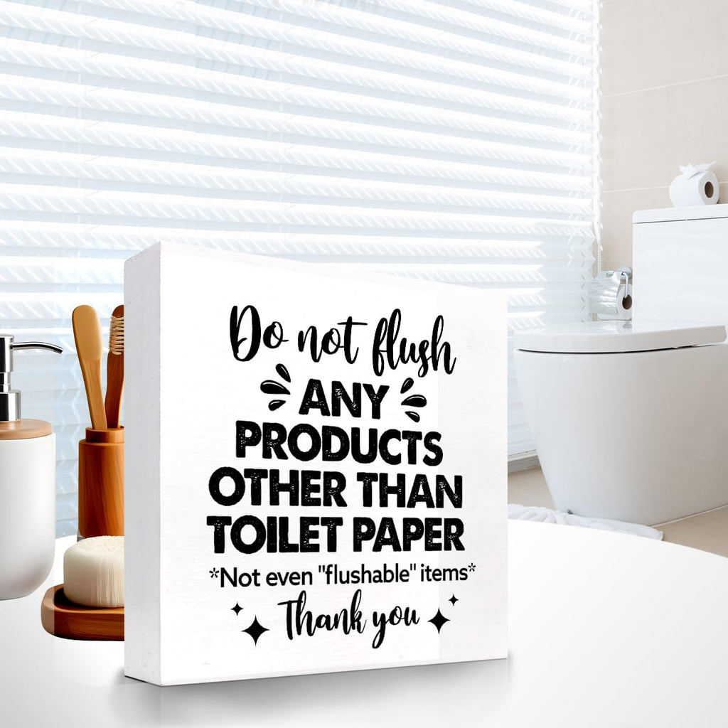 Do Not Flush Any Products Other Than Toilet Paper Wooden Box Sign - Bathroom Reminder Funny Quote Pink