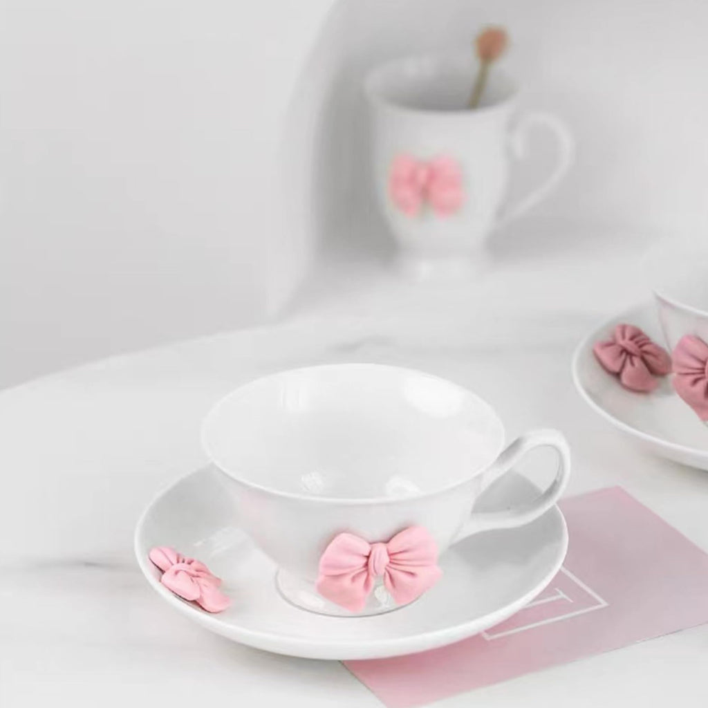 Coquette Bow Coffee Mug Personalized Set with Saucer Mug Porcelain Coffee Tea Cup 12oz