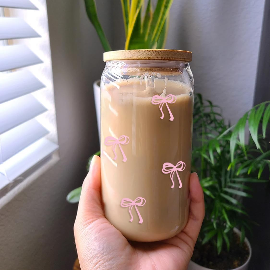 Coquette Aesthetic Glass Cup with Lid and Straw â€?Pink Bow Iced Coffee Tumbler, 16 oz, Includes Cleaning Brush and Gift Box