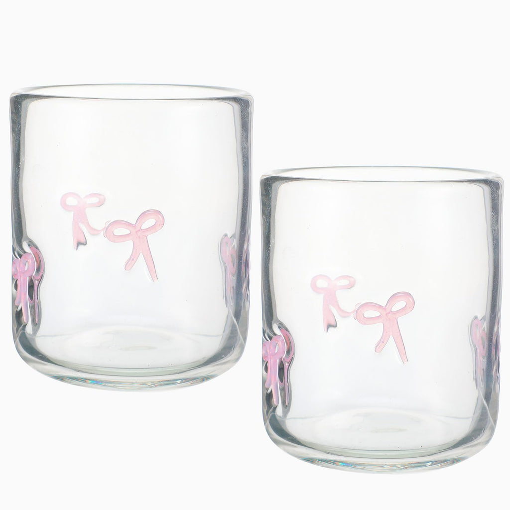 Skylety 2 Pack Bow Icon Juice Glass Coquette Bow Aesthetic Cup 14 ounce Double Old Fashioned Icon Handblown Cocktail glasses for Women Friend Party(Pink)