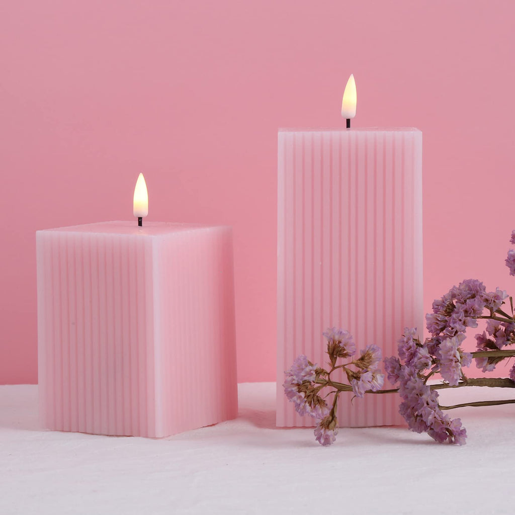 Square Ribbed Flameless Candles with Remote, Flickering Real Wax Battery LED Candles 3" H 4" 6"