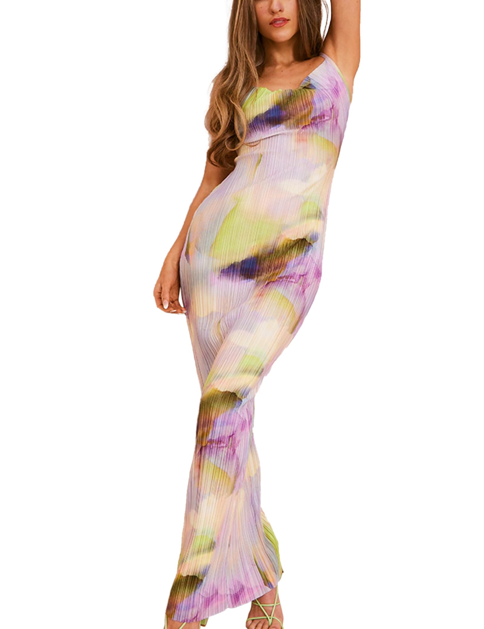 Women Sexy Backless Satin Maxi Dresses Spaghetti Strap Floral Print Dresses Slim Fit Elegant Long Dresses Night Party Outfits