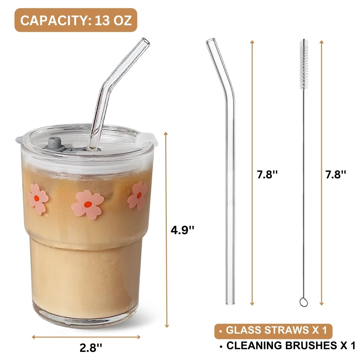 Glass Tumbler with Straw and Lid, Reusable Iced Coffee Cup Tumbler, Cute Glass Cups 13oz