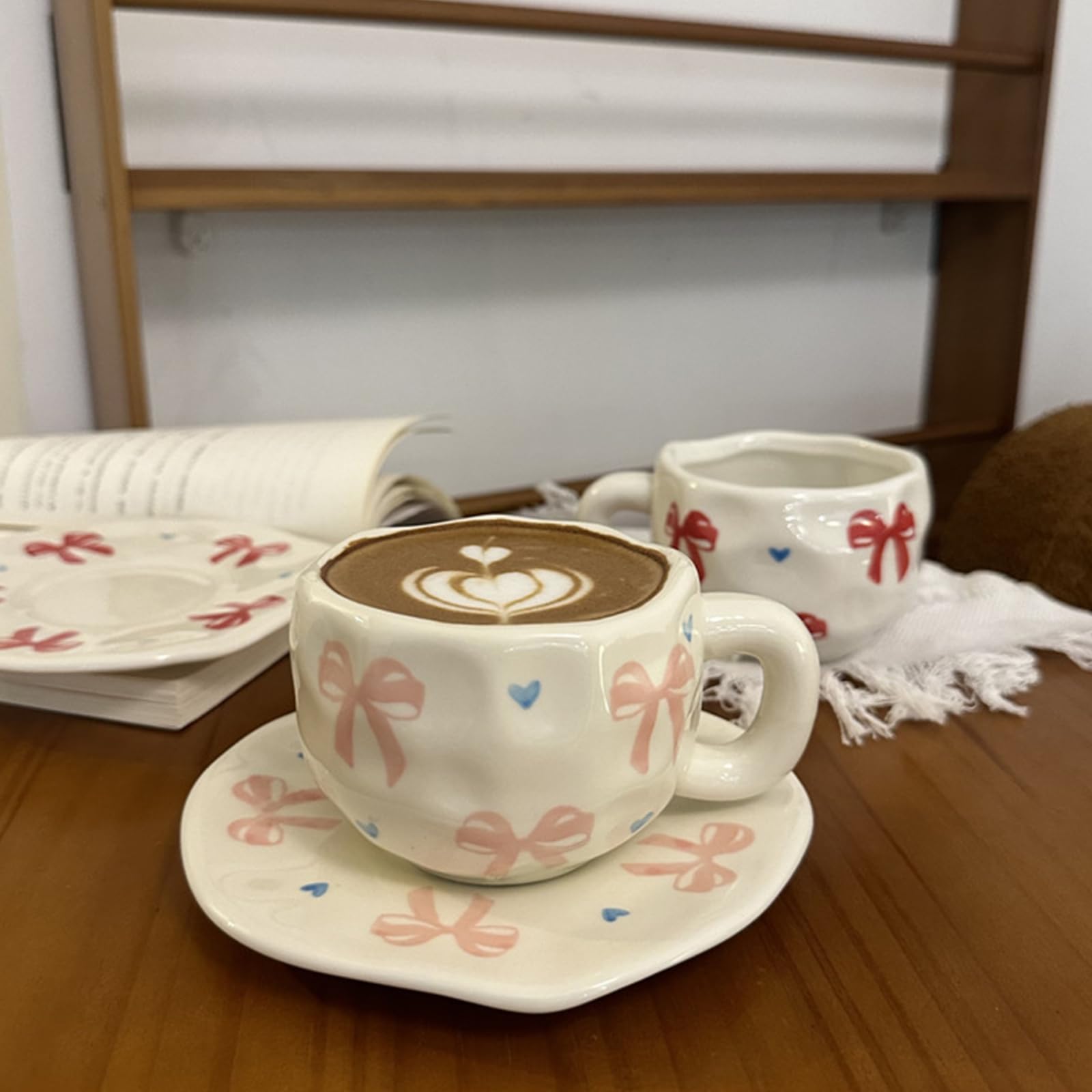 Ceramic Coffee Mug with Saucer Set, Cute Creative Cup Unique Irregular Design, 10 oz/300 ml