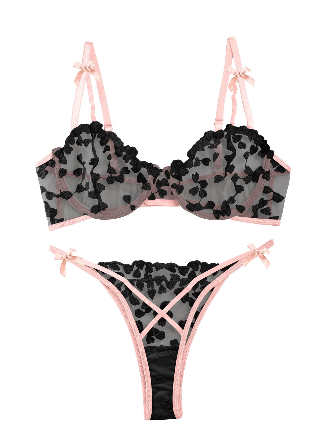 Sexy Embroidered Mesh Lingerie Set â€?Sheer Strappy Push-Up Bra & Panty