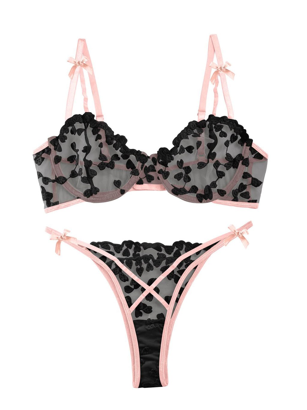 Sexy Embroidered Mesh Lingerie Set â€?Sheer Strappy Push-Up Bra & Panty