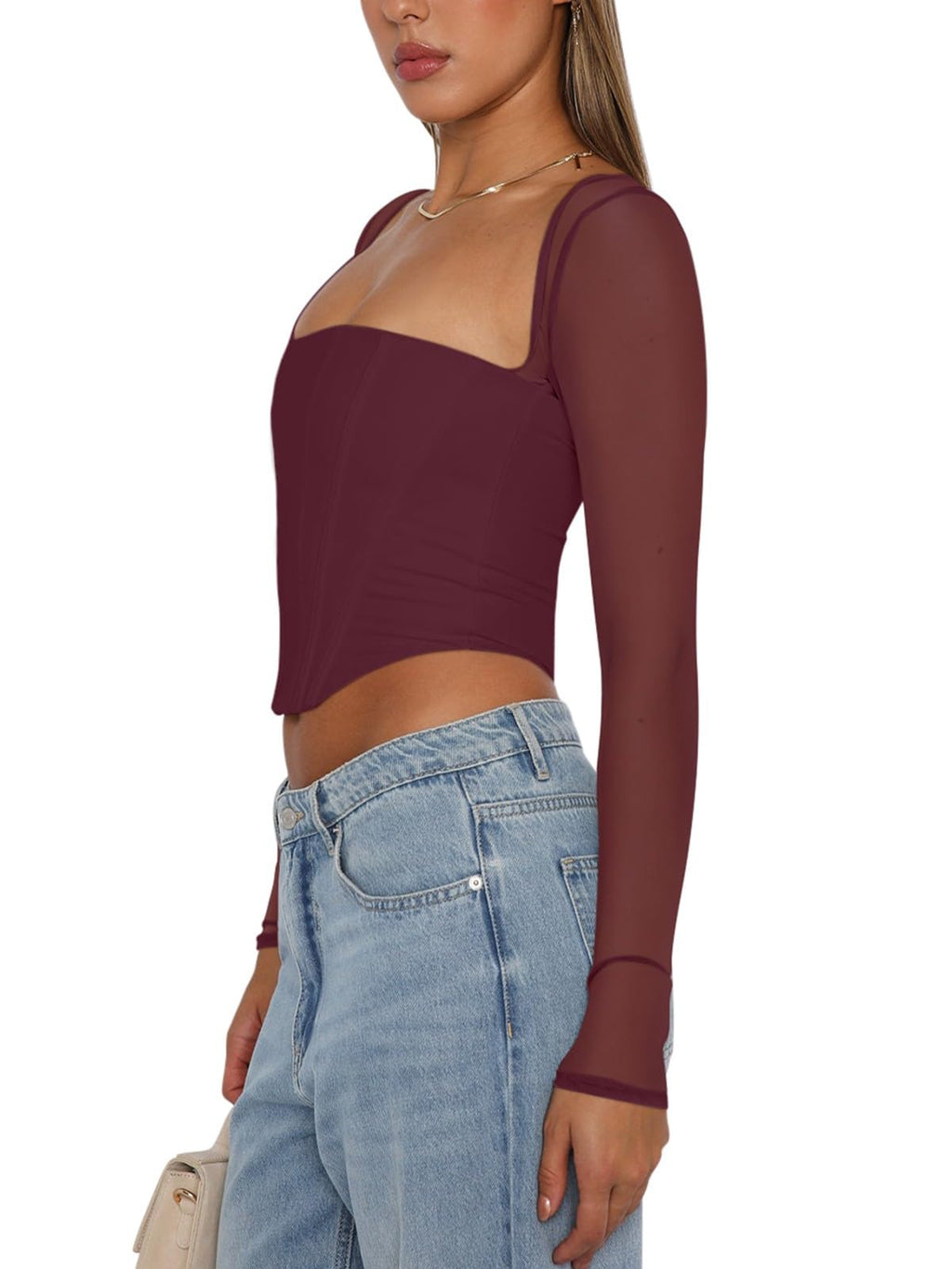 Women's Sexy Sheer Long-Sleeve Corset â€?Y2K Square Neck, Cropped Party Top