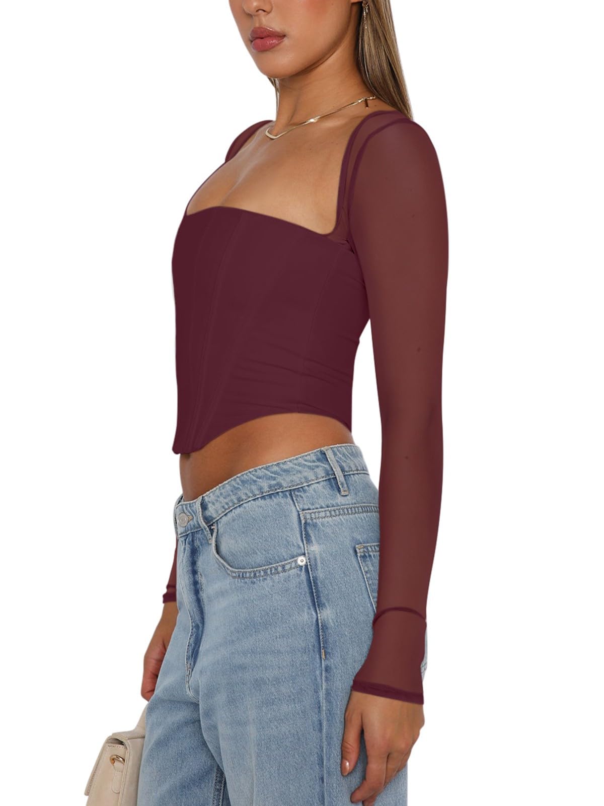 Women's Sexy Sheer Long-Sleeve Corset â€?Y2K Square Neck, Cropped Party Top