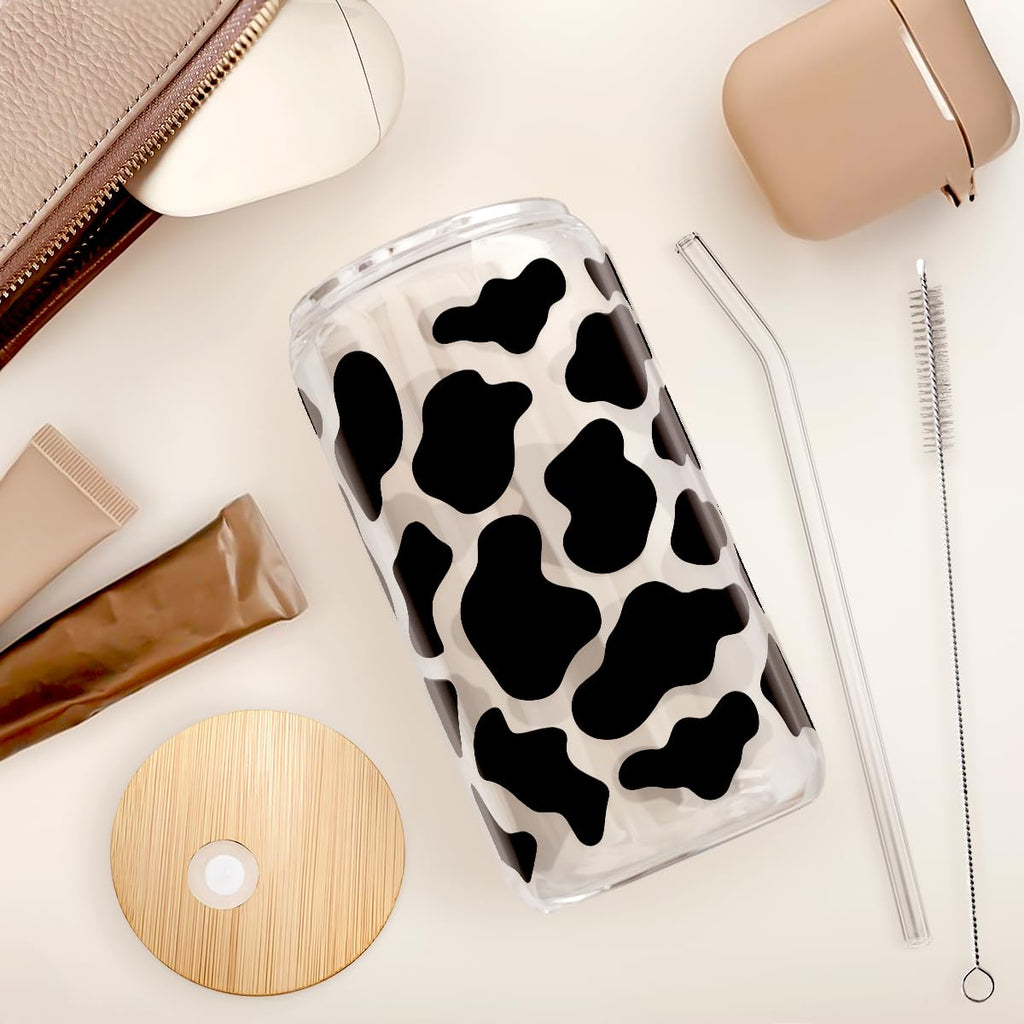 Glass Cup with Lid & Straw, Iced Coffee Aesthetic Glass Can, 16oz