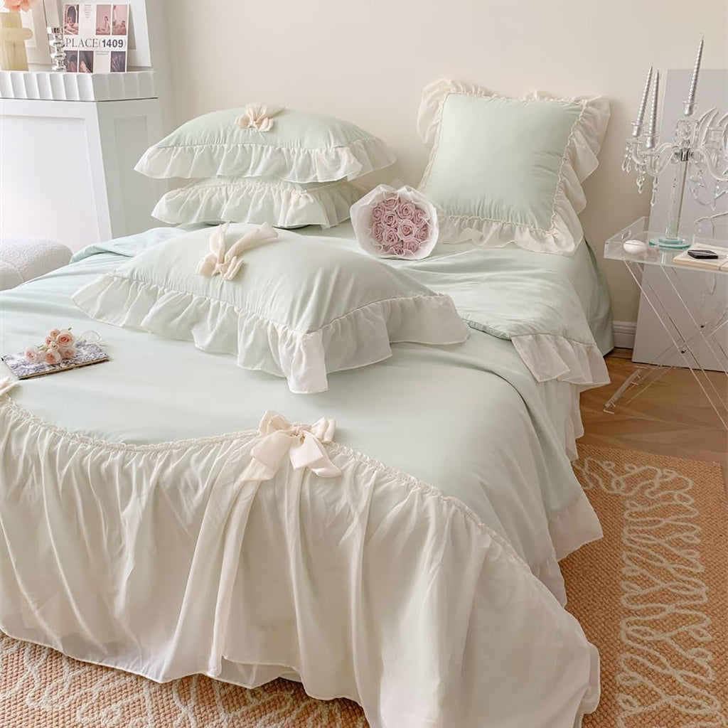 Ruffle Duvet Cover Bedding Set with Bowtie, 2 Pieces Comforter Cover Set with Zipper Closure with Pillowcase