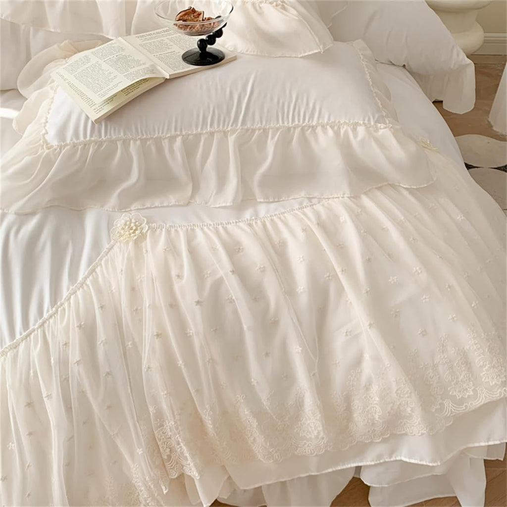 Lace Duvet Cover - Chiffon Ruffled Beddding Set with Flower, 3 Pieces Comforter Cover Set with Zipper Closure and Pillowcase