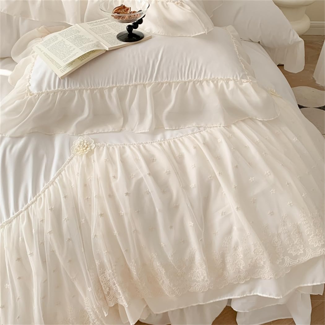 Lace Duvet Cover - Chiffon Ruffled Beddding Set with Flower, 3 Pieces Comforter Cover Set with Zipper Closure and Pillowcase