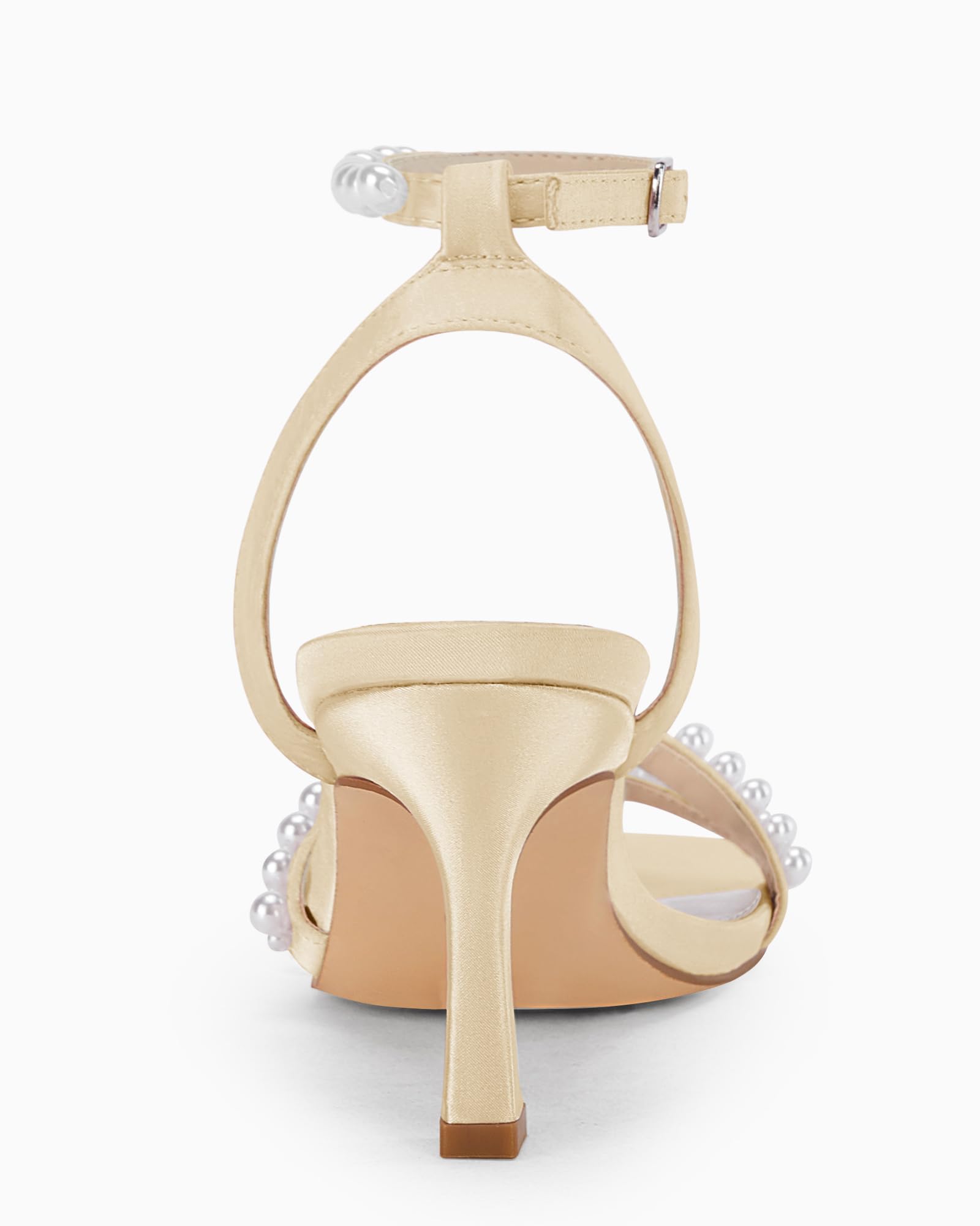 Women's Pearl Kitten Heels Sandals Square Open Toe Dress Sandals Ankle Strap Satin