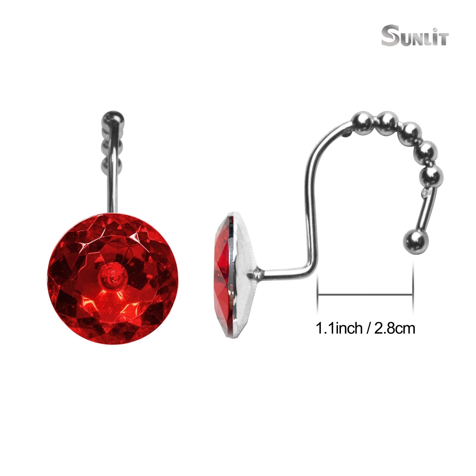 Luxury Design Round Diamond Crystal Gem Bling with Glide Balls Shower Curtain Hooks, Rust Proof Metal Rhinestones Glam Shower Curtain Rings-12 Pack