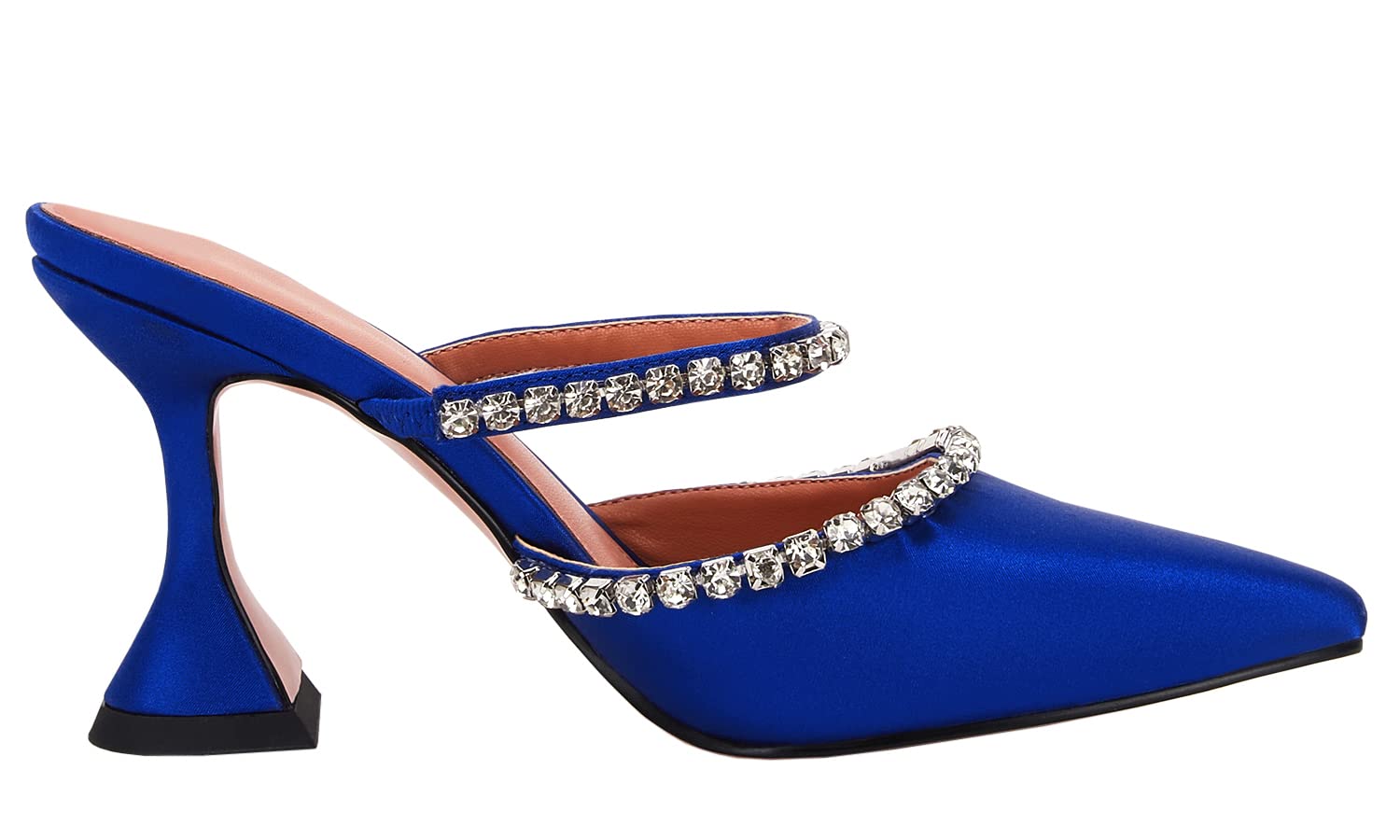 Women's Pointed Toe Strappy Heels Crystal Satin Heeled Mules Shoes