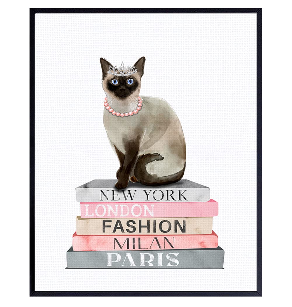 Fashion Glam Siamese cat Wall Decor for Living room, Bedroom - Glamour Couture Cute Kitty Gift for Woman, Girl - Designer Decoration