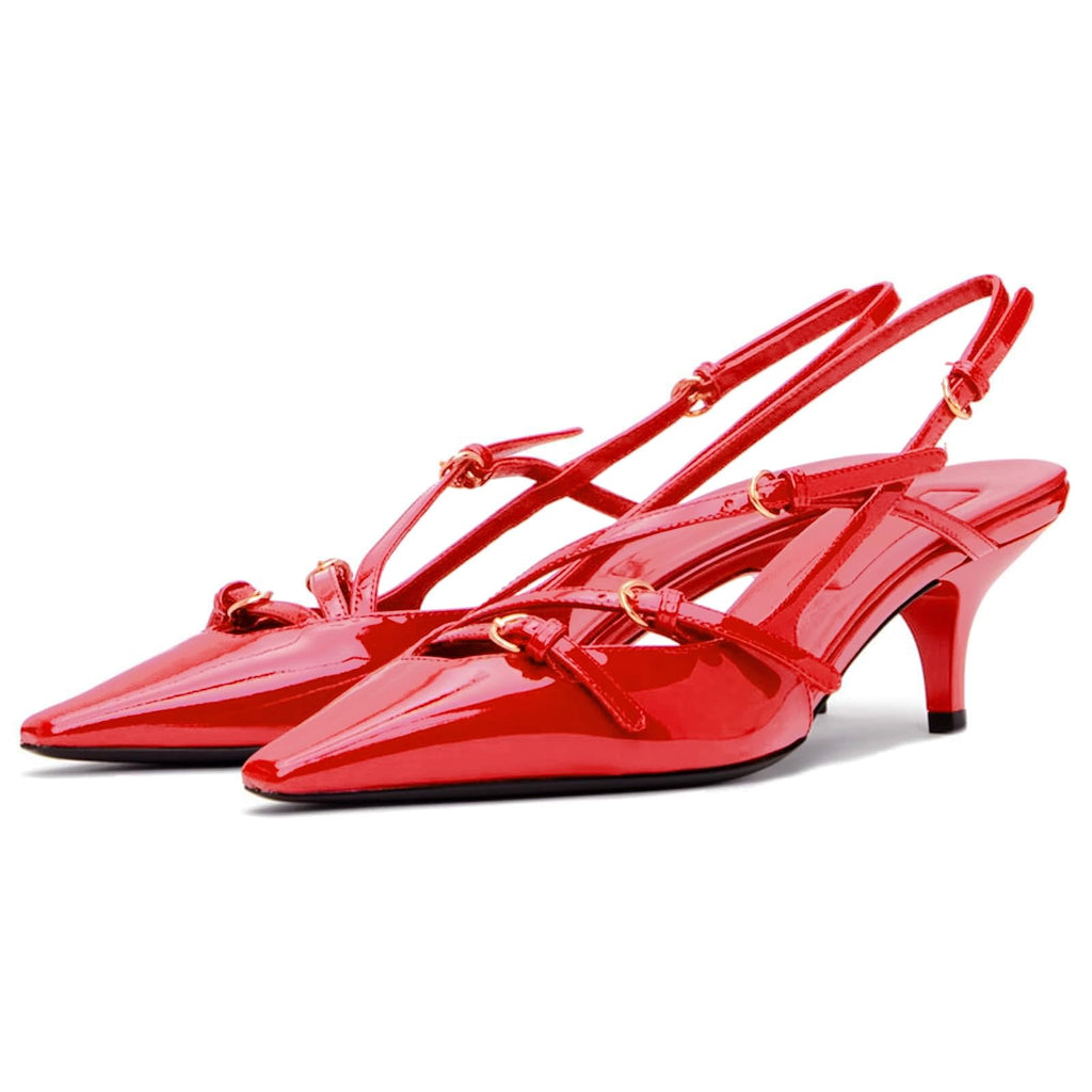 Slingback Kitten Heels Pointed Toe Stiletto Heels Slip On Pumps with Buckled Straps Dress Work Heeled Sandals