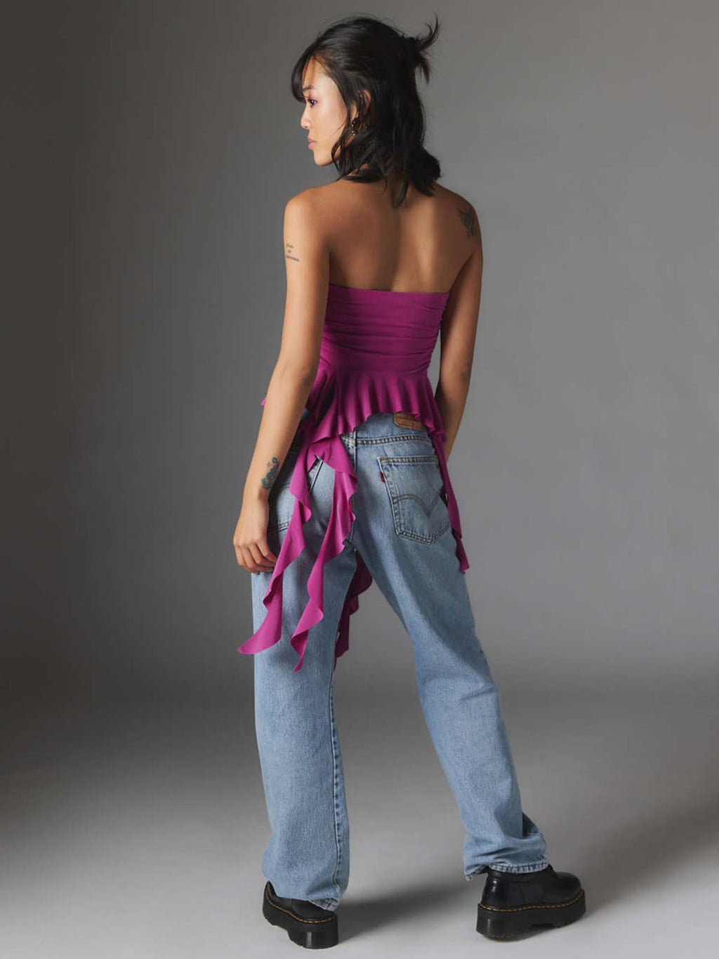 Women Strapless Tops Ruffled Asymmetrical Hem Tube Tops Ruched Bandeau Cami Tanks