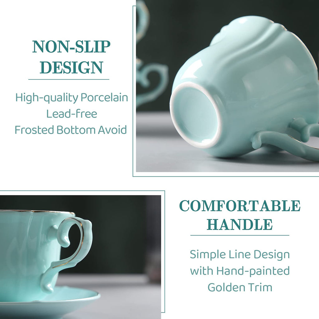Tea Cups and Saucers with Golden Trim, Petal Edge Coffee Cups with Metal Stand