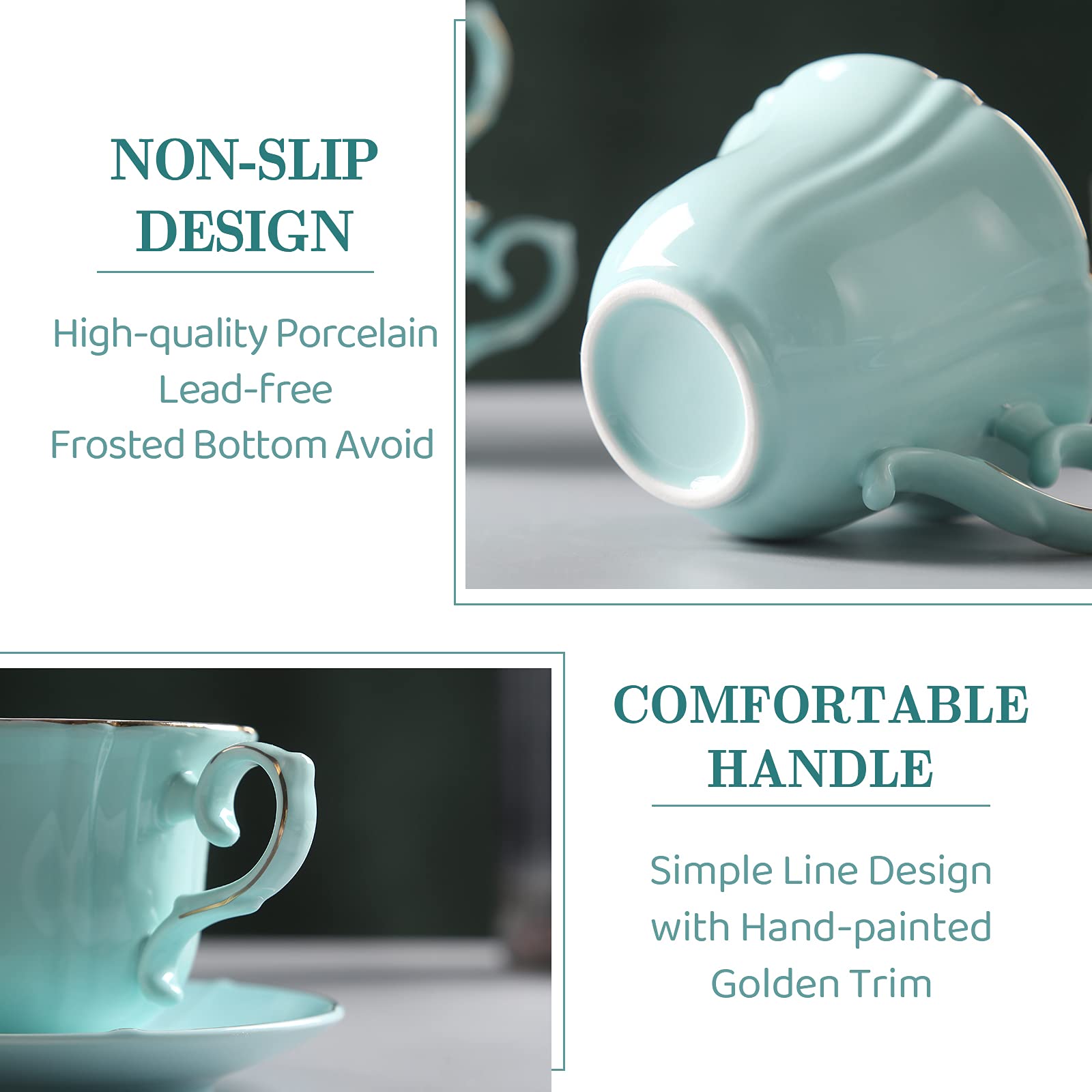 Tea Cups and Saucers with Golden Trim, Petal Edge Coffee Cups with Metal Stand