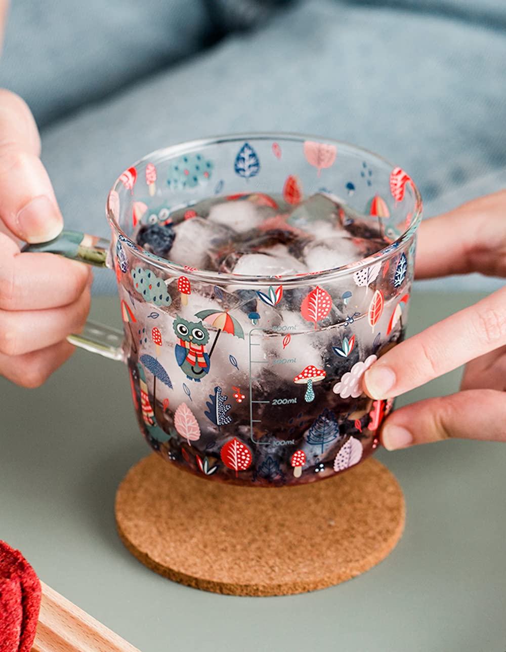 Forest Party Clear Glass Mug with Handles 17oz Cute Glass Measuring Cup