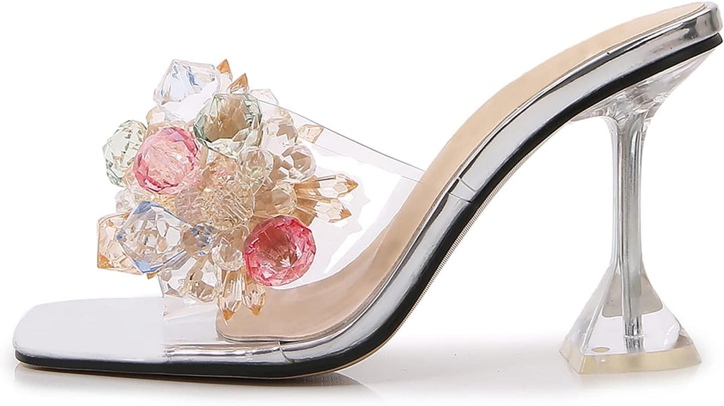 Women's Crystal Flower Heels Square Toe Heeled Sandals