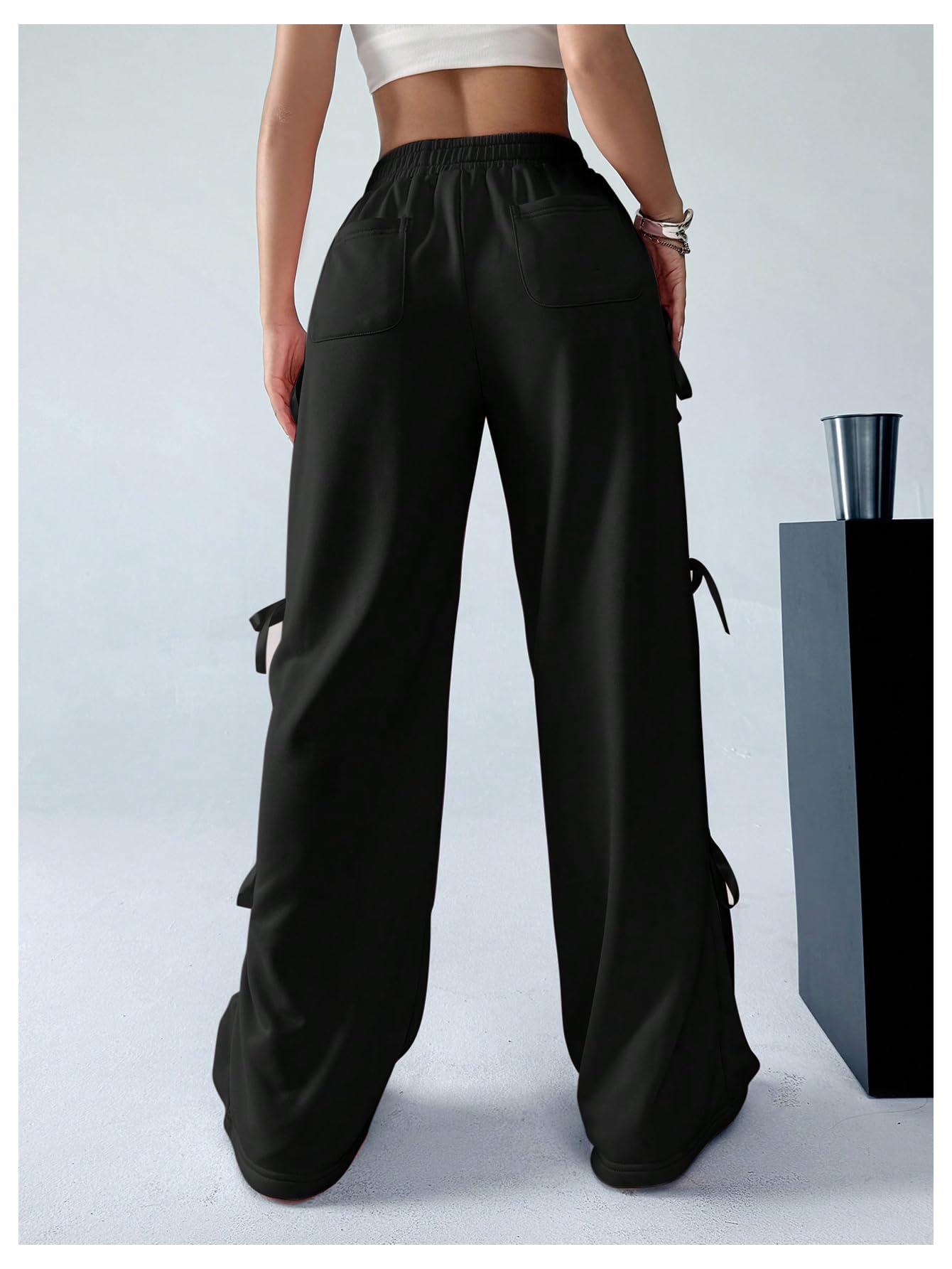 Women's Bow Wide Leg Sweatpants Elastic Waist Casual Baggy Pants with Pocket
