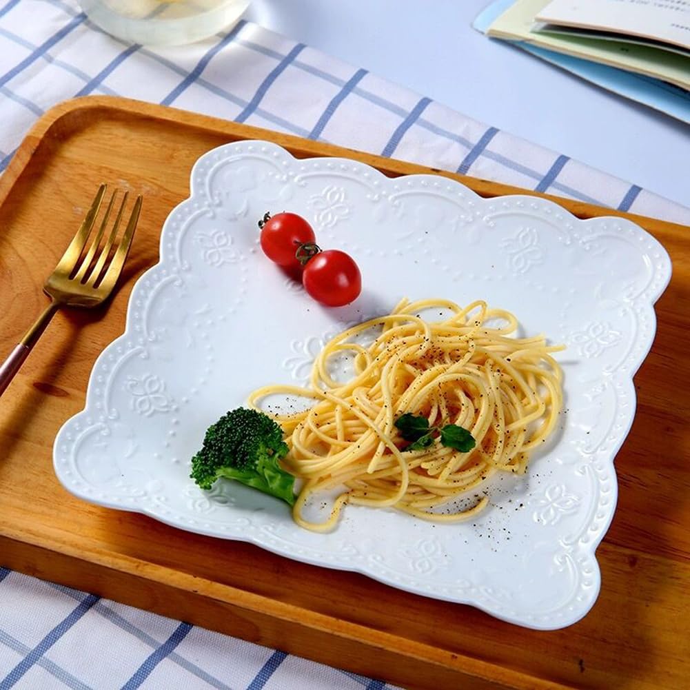 Elegant Square Embossed Lace Plate Bone China Dessert Plate Ceramic Plate Afternoon Tea