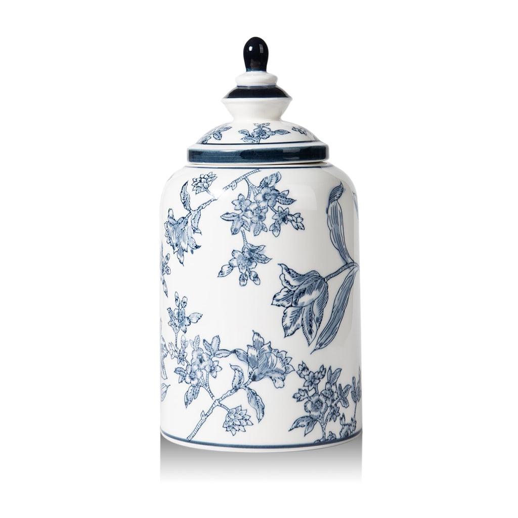 Chinoiserie Blue and White Jar Vase Decor, Ceramic Decorative Jars with Lid, 12x6 Inch, Flowers and Branches