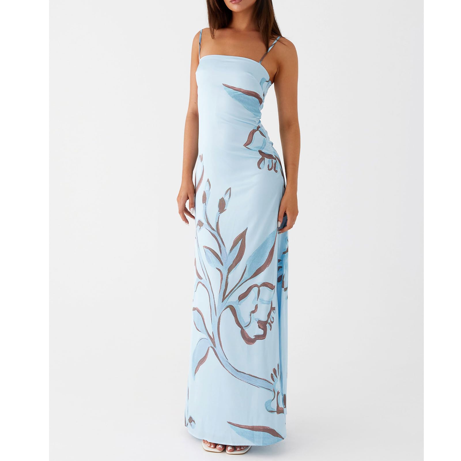 Women Floral Slip Dress Spaghetti Strap Maxi Dress Backless Slim Fit Long Dresses Flowers Print Going Out Dress