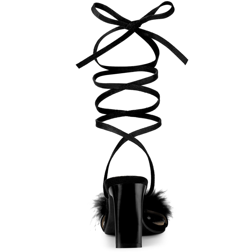 Women's Faux Fur Slingback Block Heels Lace Up Sandals