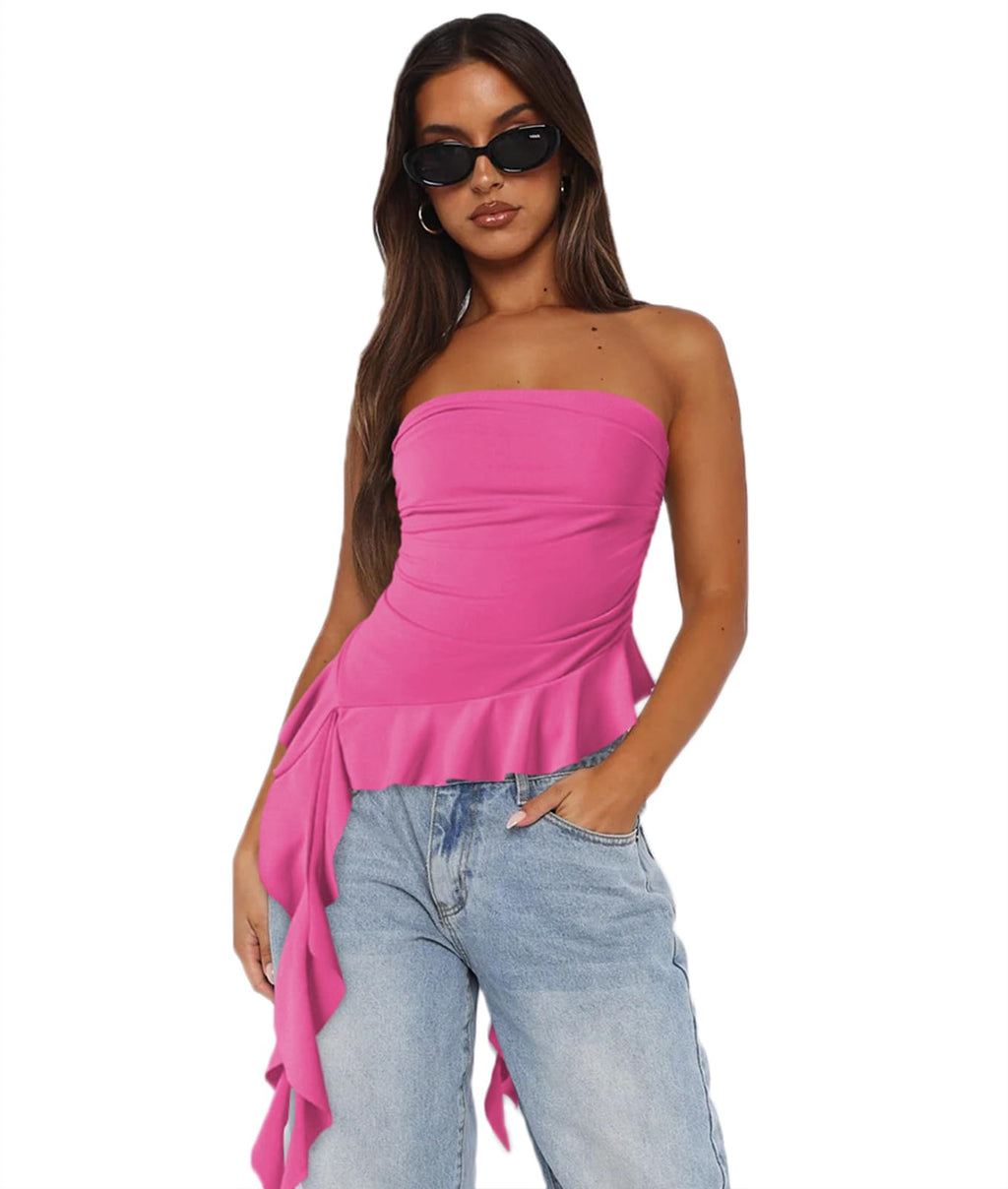 Women Strapless Tops Ruffled Asymmetrical Hem Tube Tops Ruched Bandeau Cami Tanks