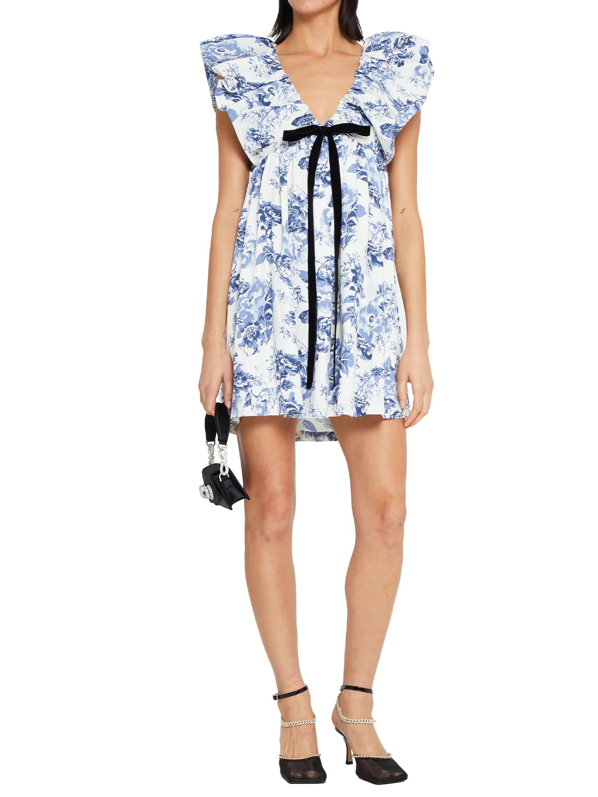 Women's Mini Dress V Neck Puff Sleeve Dress Short Babydoll Bow Dress