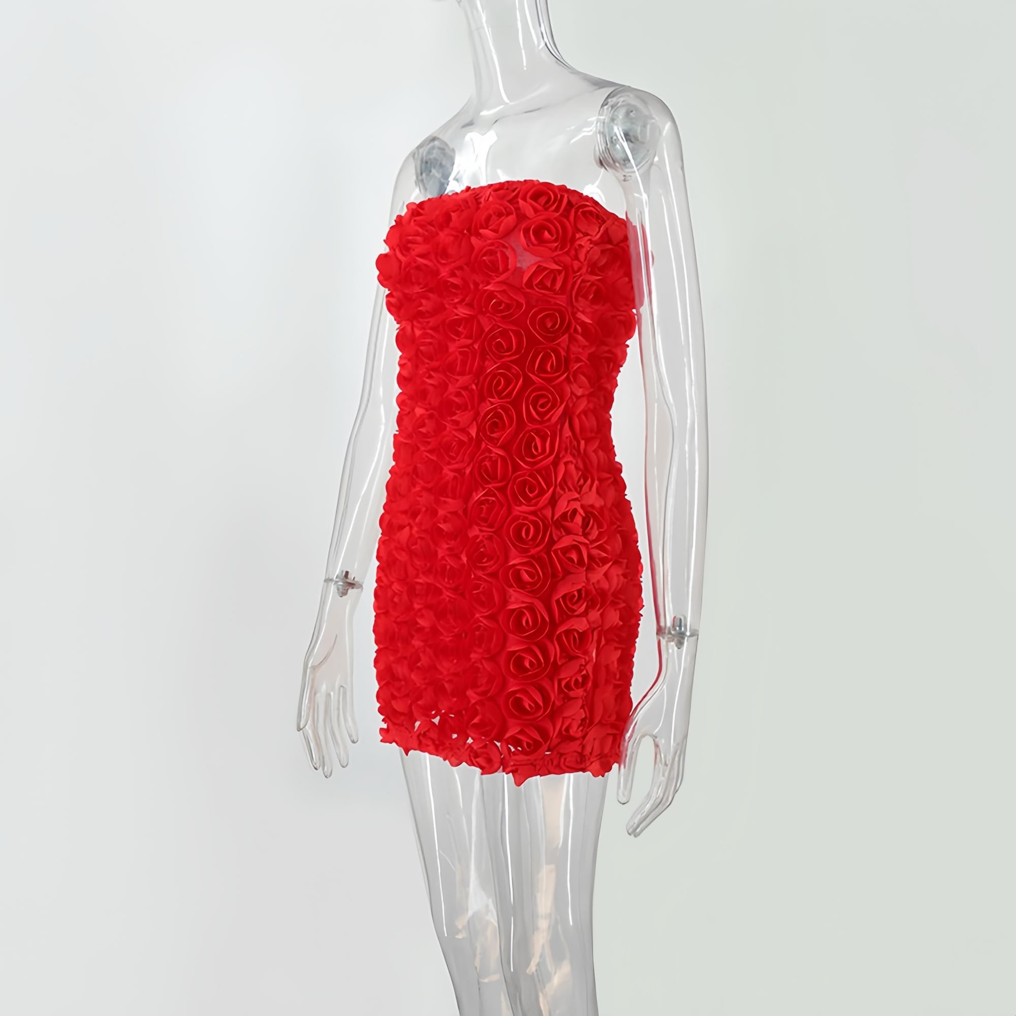 Womens Strapless Mini Dress Sexy Short Bodycon Off Shoulder Stretchy 3D Floral Appliques Tube Top Cocktail Party Dress