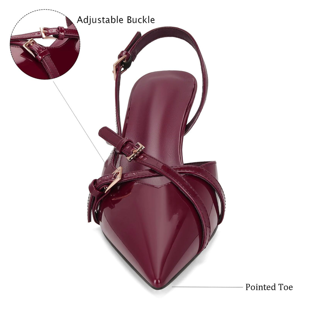 Slingback Kitten Heels Pointed Toe Stiletto Heels Slip On Pumps with Buckled Straps Dress Work Heeled Sandals