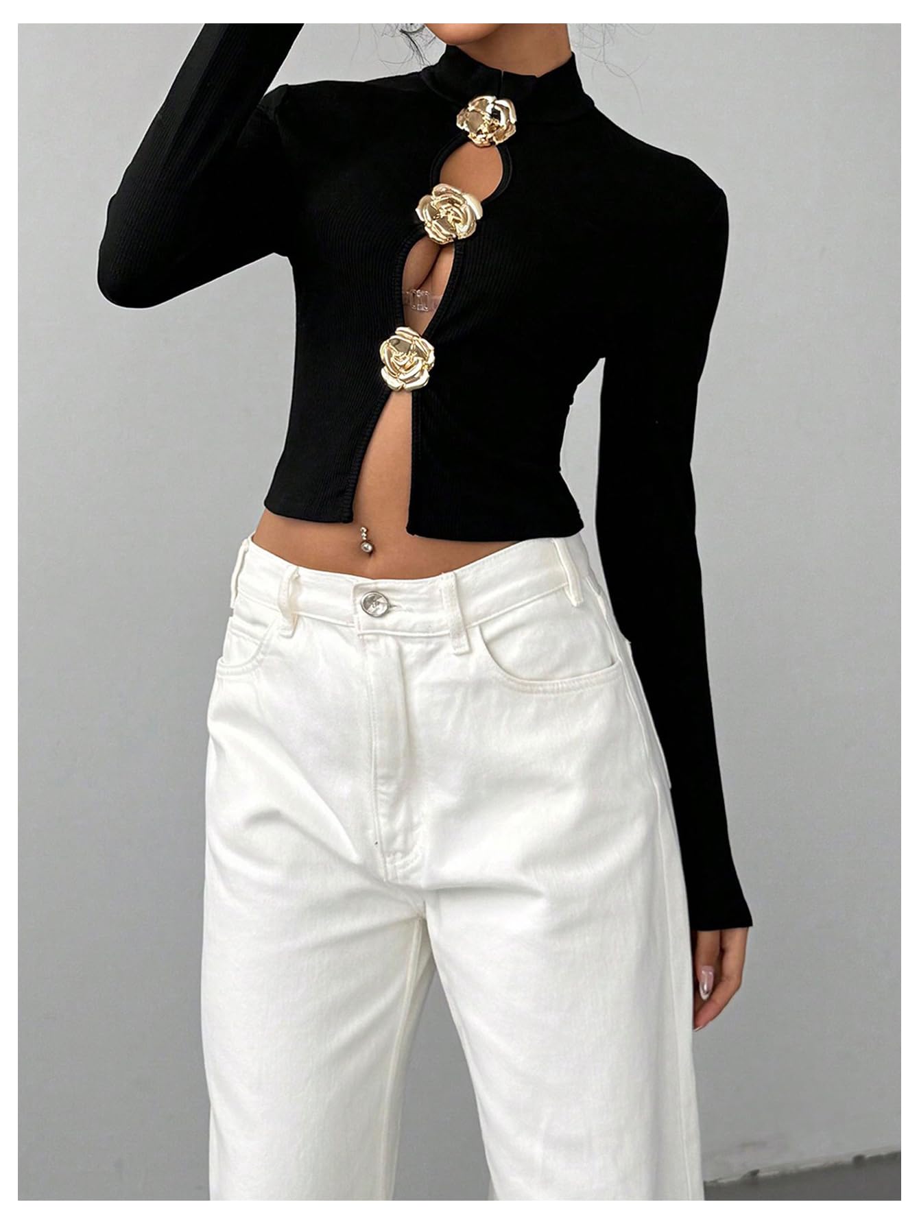 Women's Metallic 3D Floral Cut Out Tee Shirt Long Sleeve Mock Neck Crop Top