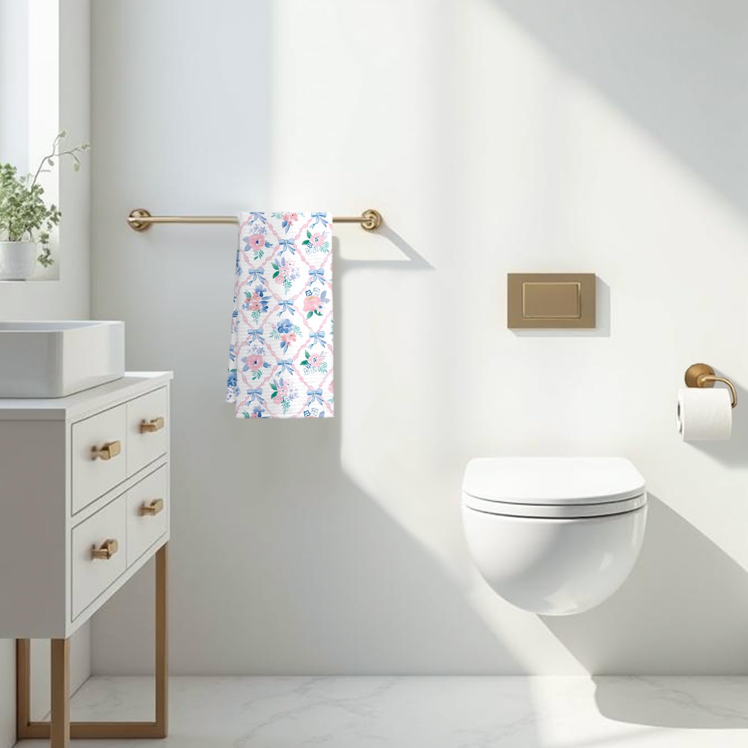 Coquette Bow Floral Kitchen Towel, Grandmillennial Pink Rose Flower Gingham Hand Towel for Bathroom, Pink and White Checkered Dish Tea Towel, 16x24 Inch