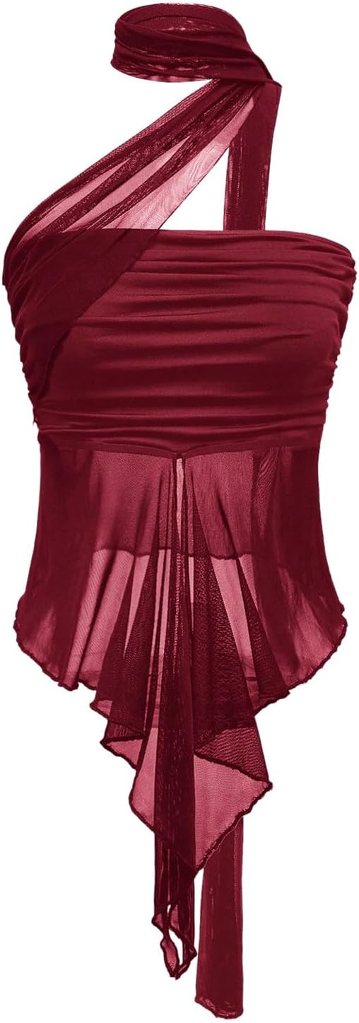 Women's Sheer Ruffle Trim Halter Tops Asymmetrical Hem Ruched Sleeveless Fitted Crop Tops Y2K Party Top