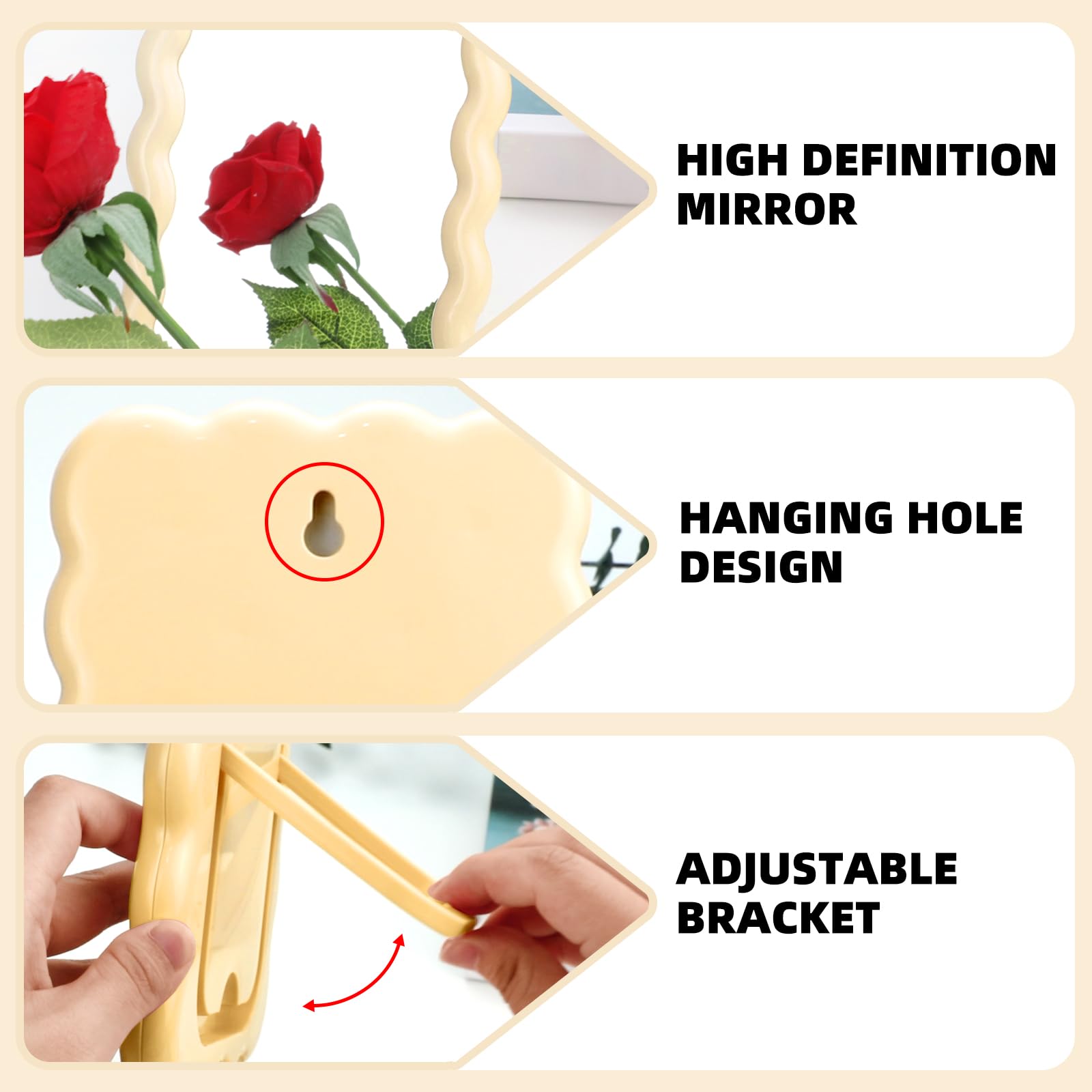 Wave Shaped Table Desk Vanity Makeup Mirror Portable Folding Cute Travel Make Up Mirror for Standing Hanging 6.7X5.3 Inch