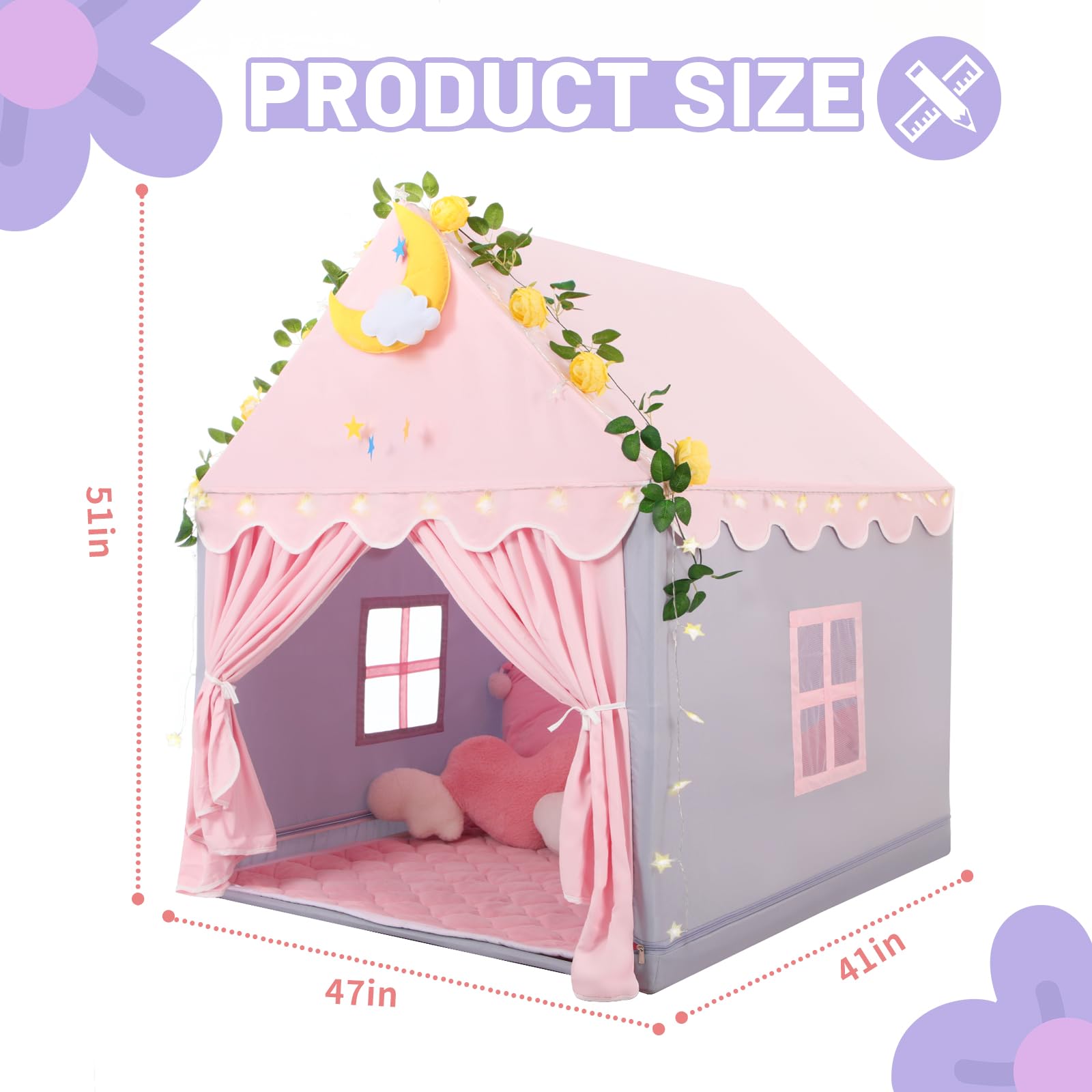 Kid Tent with Mat, Star Lights - Kids Play Tents for Toddlers Kids Tents Indoor Playhouse - Princess Tent for Girls Toy House