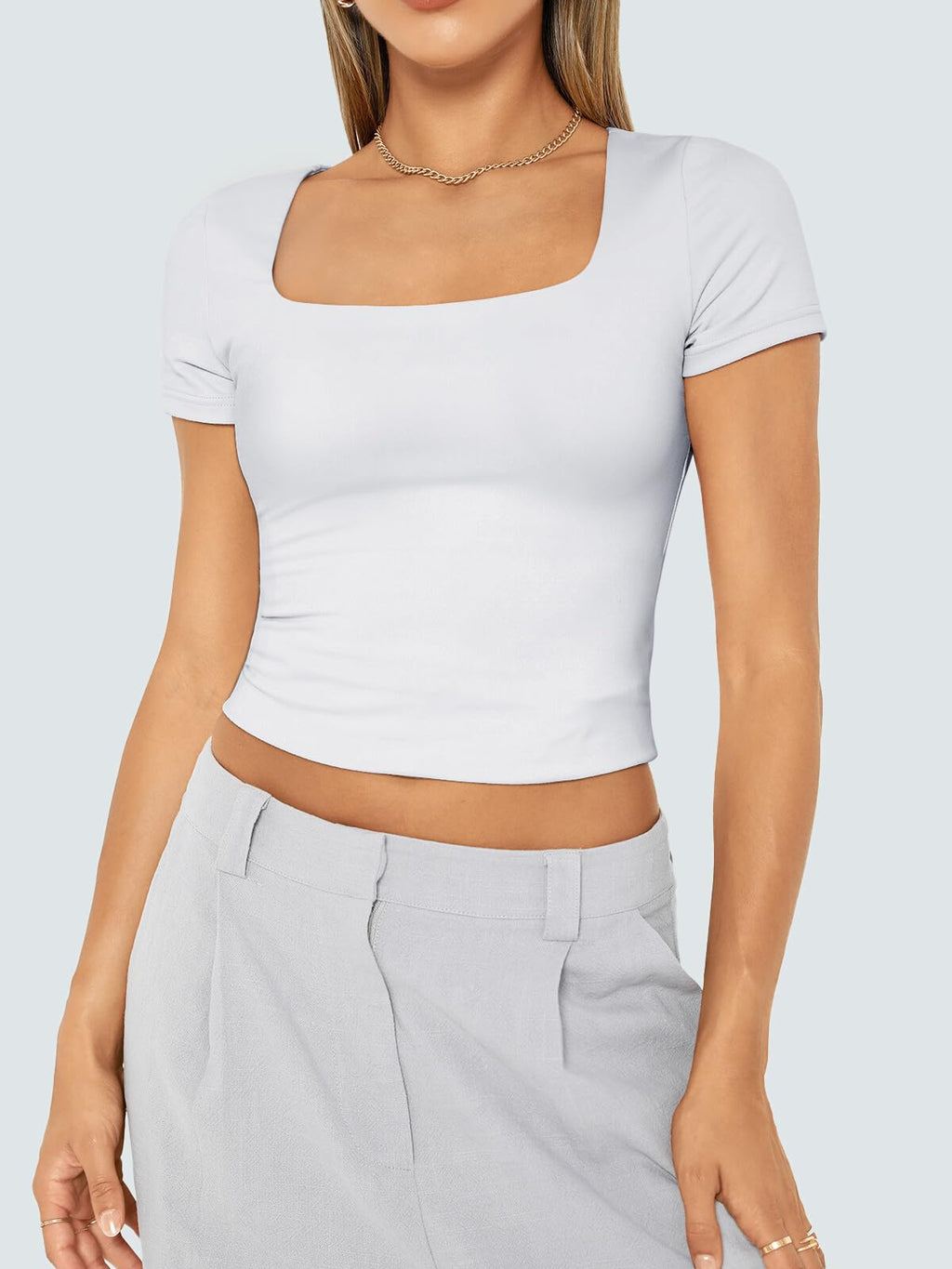 Womens Short Sleeve T Shirts Double Lined Square Neck Crop Tops Basics Tees