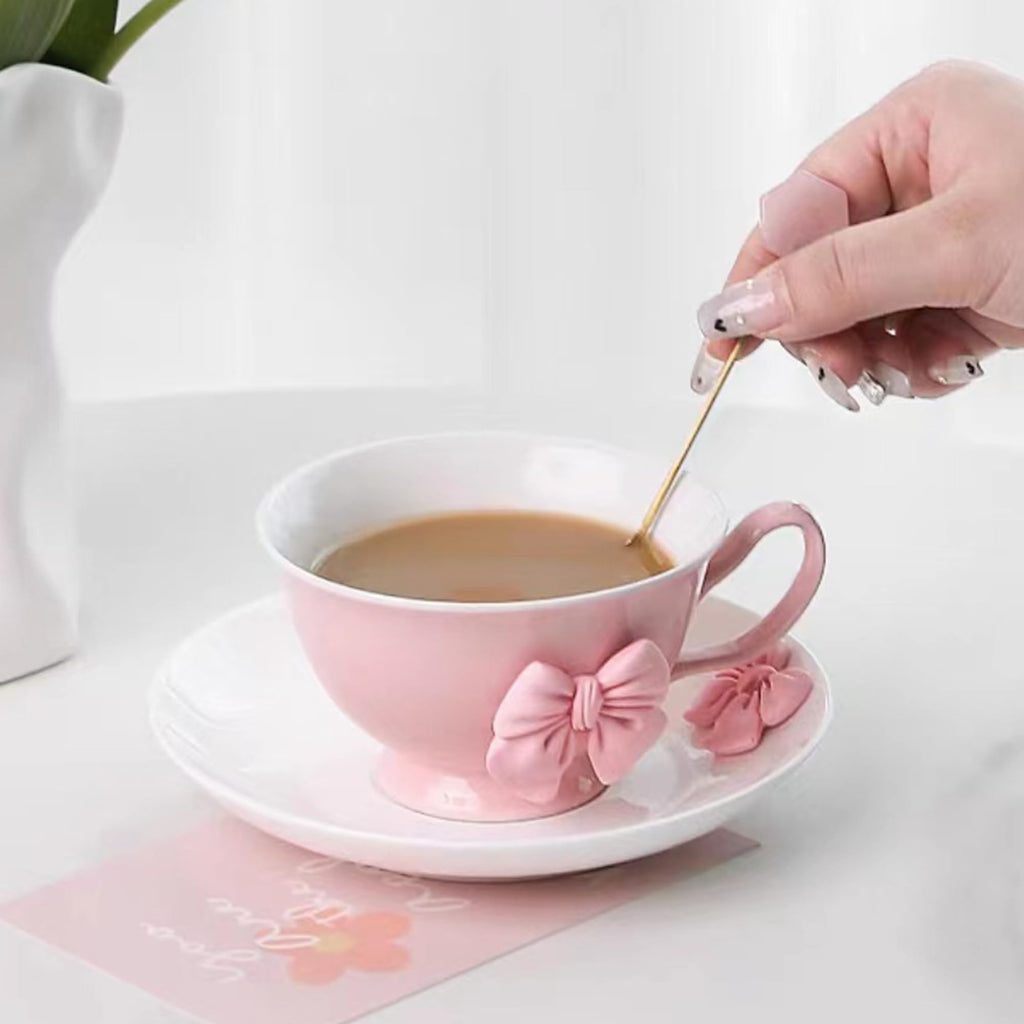Coquette Bow Coffee Mug Personalized Set with Saucer Mug Porcelain Coffee Tea Cup 12oz