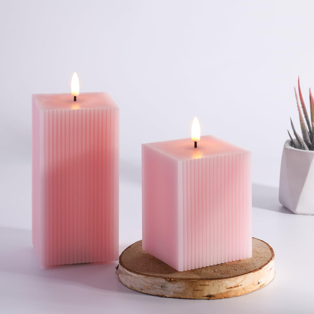 Square Ribbed Flameless Candles with Remote, Flickering Real Wax Battery LED Candles 3" H 4" 6"