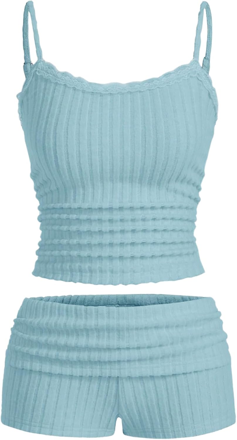 Women's 2 Piece Outfit Ribbed Knit Cute Camisole and Mini Shorts Set