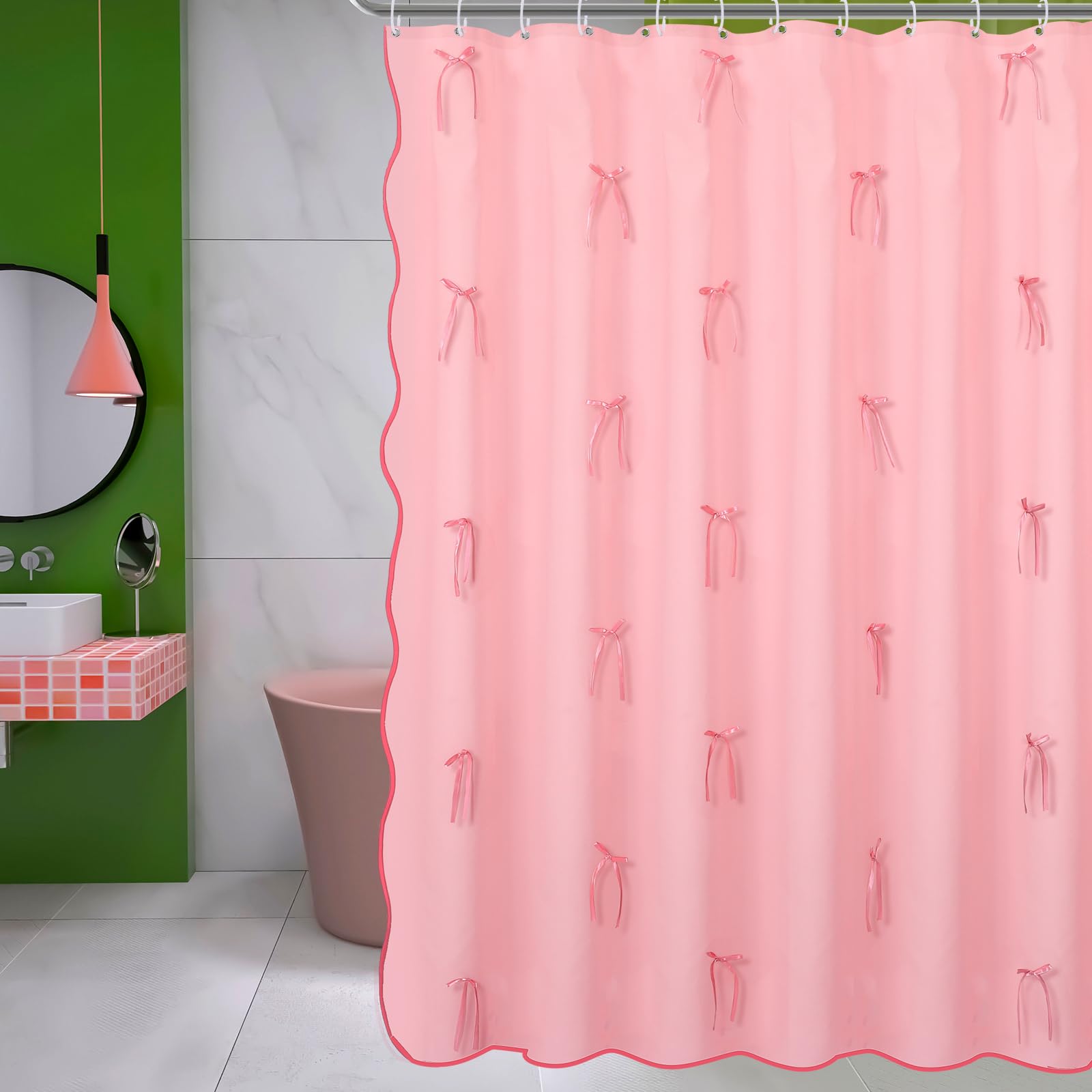 Cute Scalloped Bath Bow Shower Curtain with 12 Hooks Bowknot Waterproof Aesthetic Bathroom Decor for Women Girls Accessory, 72 Inches