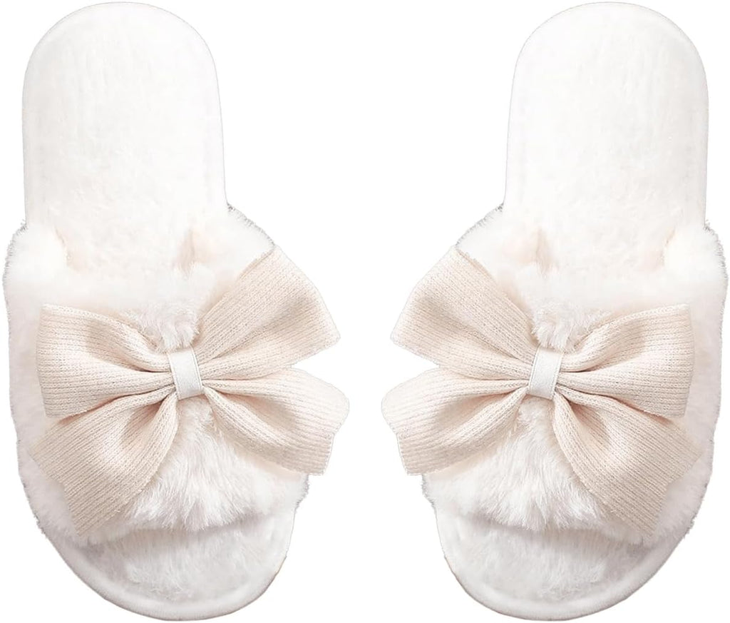 Women's Cute Bow Decor Fuzzy Open Toe Indoor Home Slippers Fashionable Warm Comfy Furry Outdoor Slippers