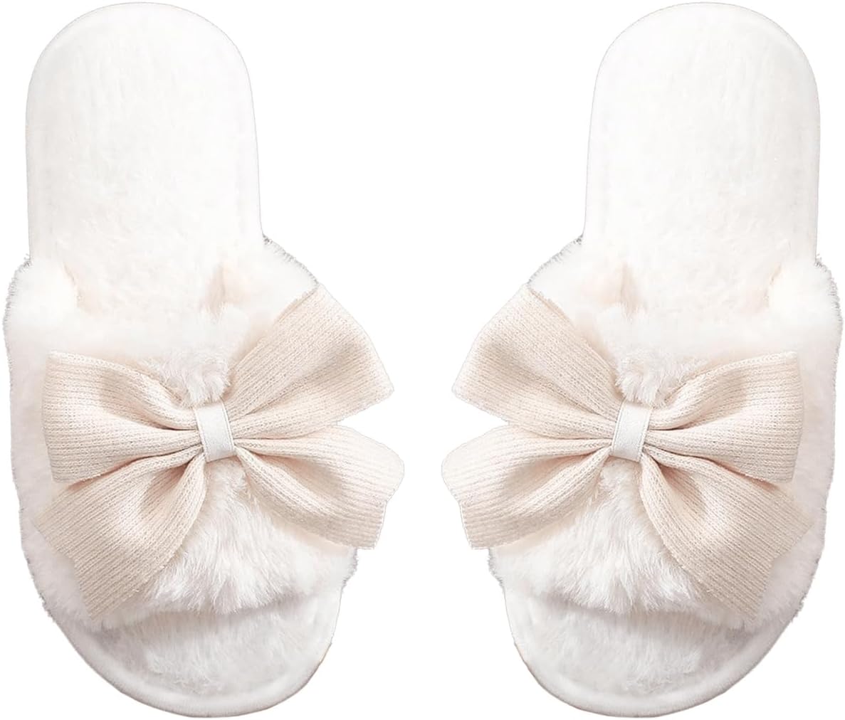 Women's Cute Bow Decor Fuzzy Open Toe Indoor Home Slippers Fashionable Warm Comfy Furry Outdoor Slippers
