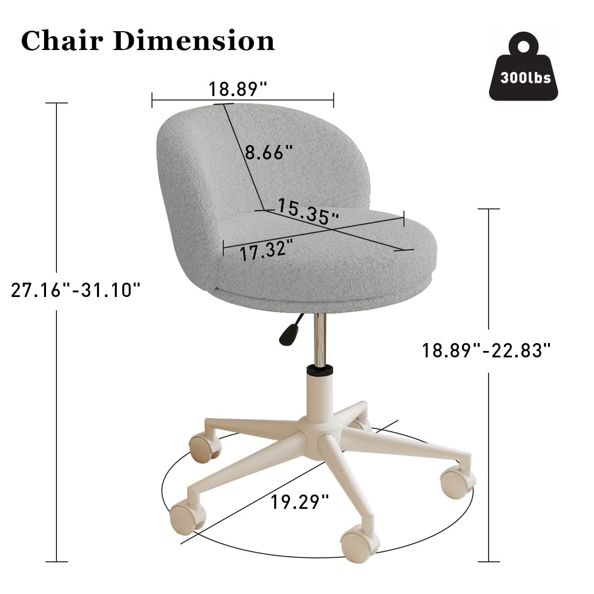 Modern Vanity Chair with Back, 360° Swivel Makeup Desk Chair Small Office Chair with Wheels, Height Adjustable Armless Computer Task Chair