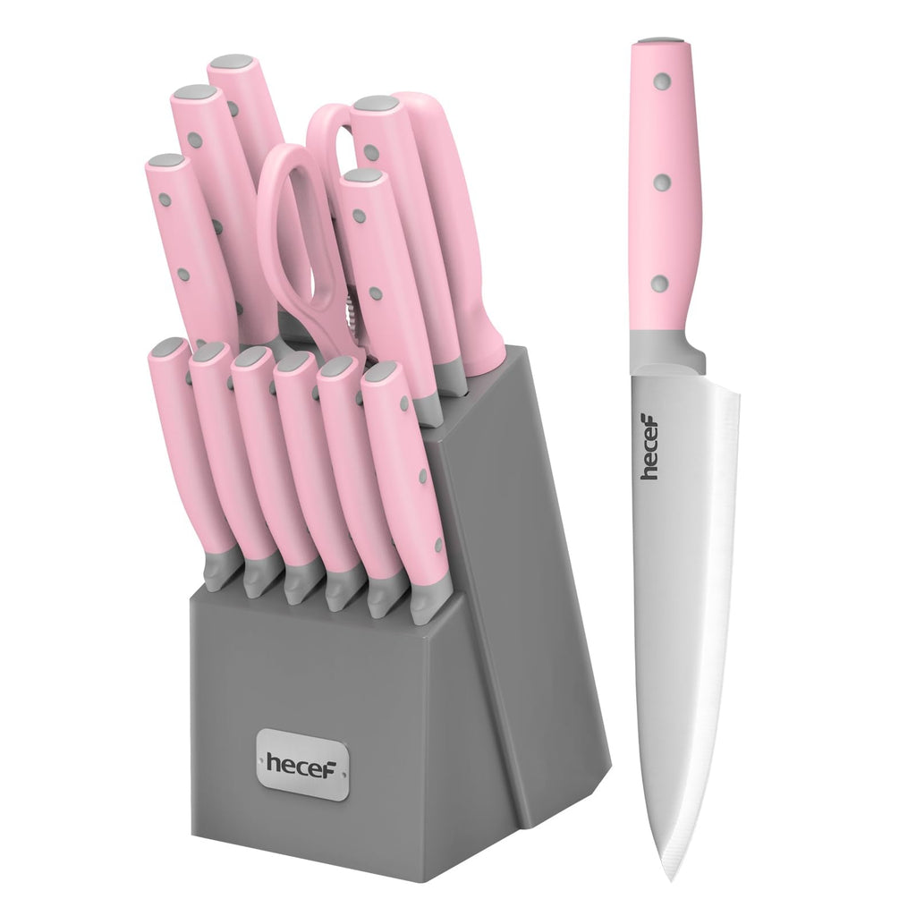 Kitchen Knife Block Set, 14 Pieces Knife Set with Wooden Block & Sharpener Steel & All-purpose Scissors, High Carbon Stainless Steel Cutlery Set